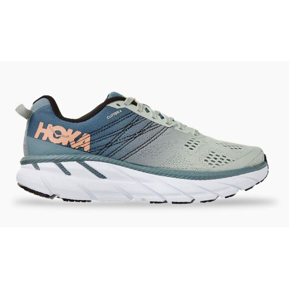 Hoka One One Clifton Women's Running Shoes in Sage Green and Peach